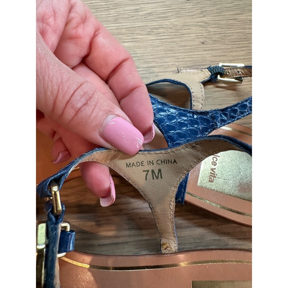 Dolce Vita Blue Croc Embossed Leather T Strap Sandals Snake Accent 7 - Picture 12 of 16